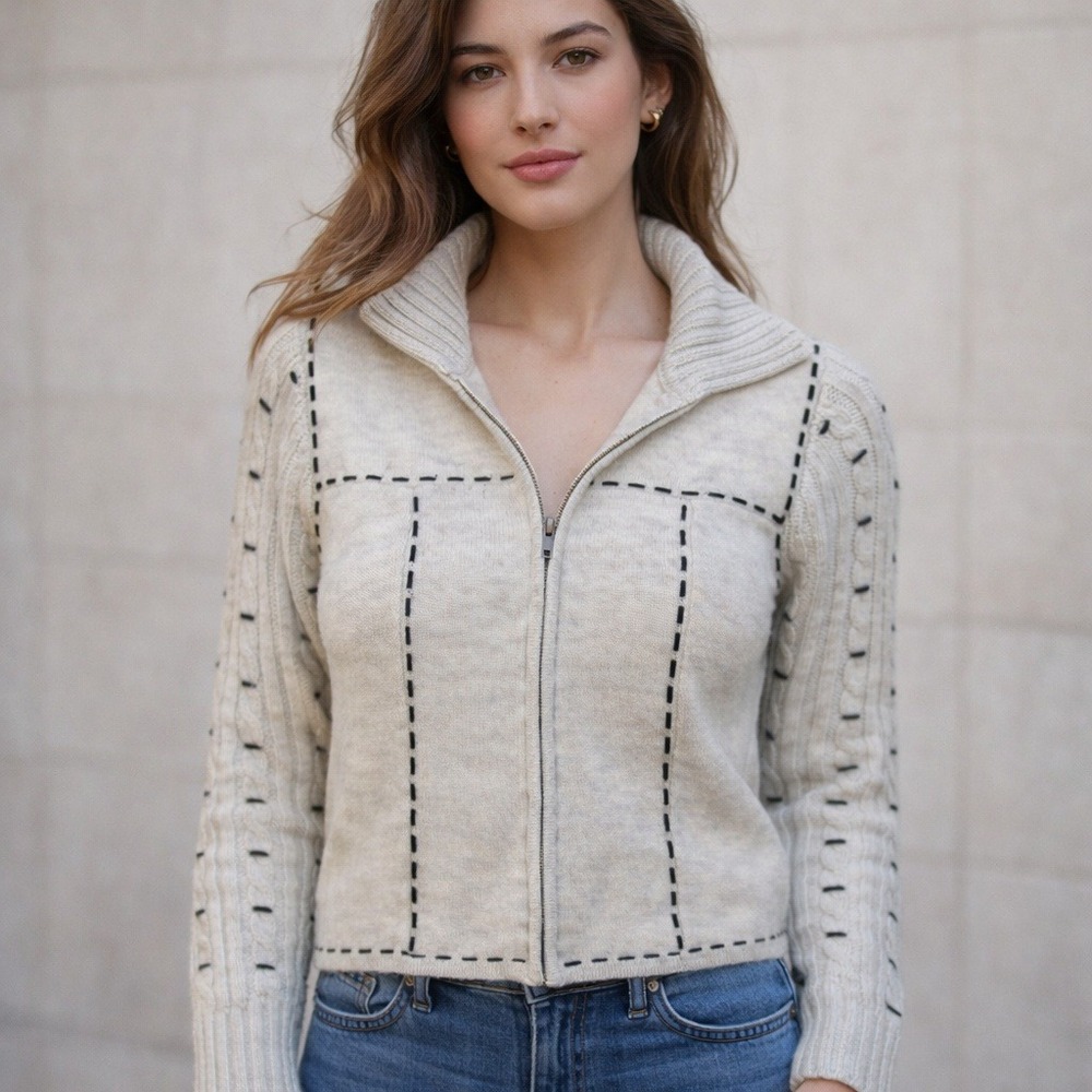 VTG Marisa Christina Knit Zip Up Cardigan Sweater Cream Black Stitch Wool Size M